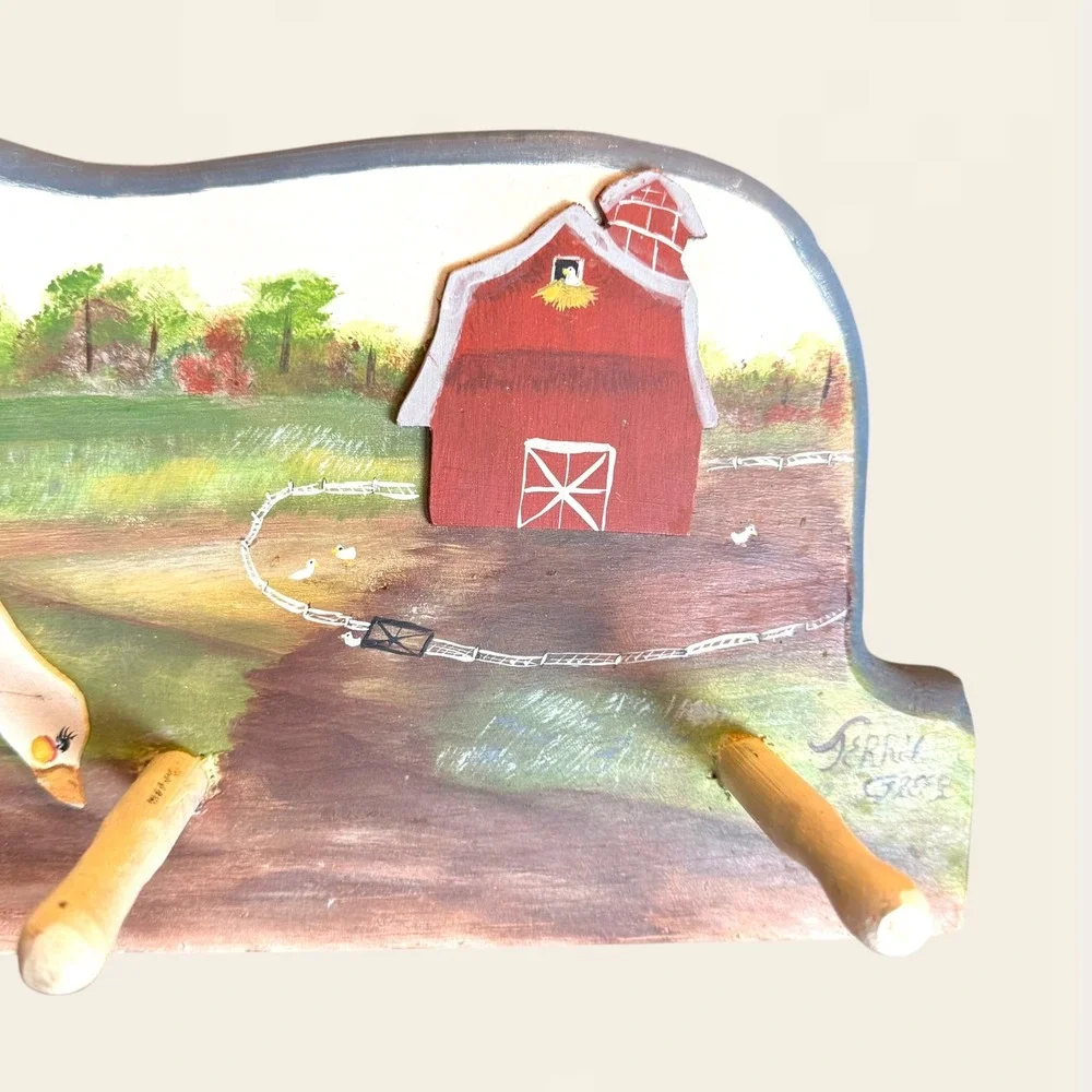 Vintage Hand Painted Wood Wall Peg Rack Farmhouse Goose Country Cottagecore